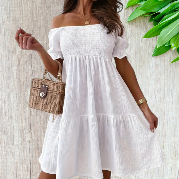 Dresses & Skirts - Off Shoulder Smocked White Dress - Size Small *NEW*
